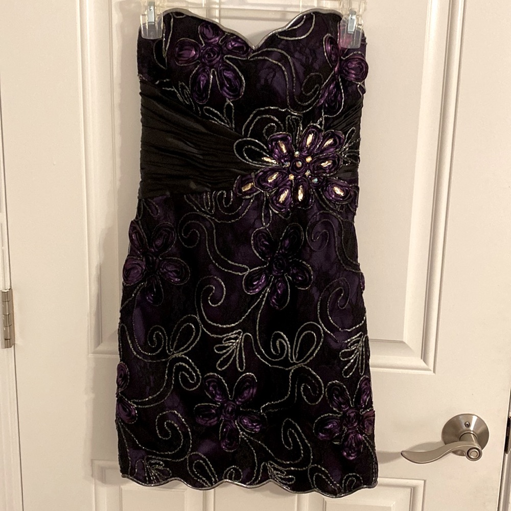 MacDuggal Designer Strapless Black/Purple Mini Cocktail Gown